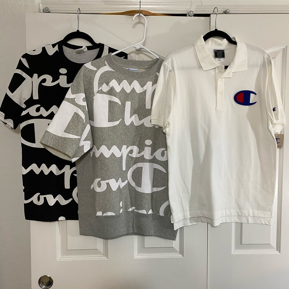 Champion Shirts Lot Heritage Tee, Reverse Weave Crew, and Polo